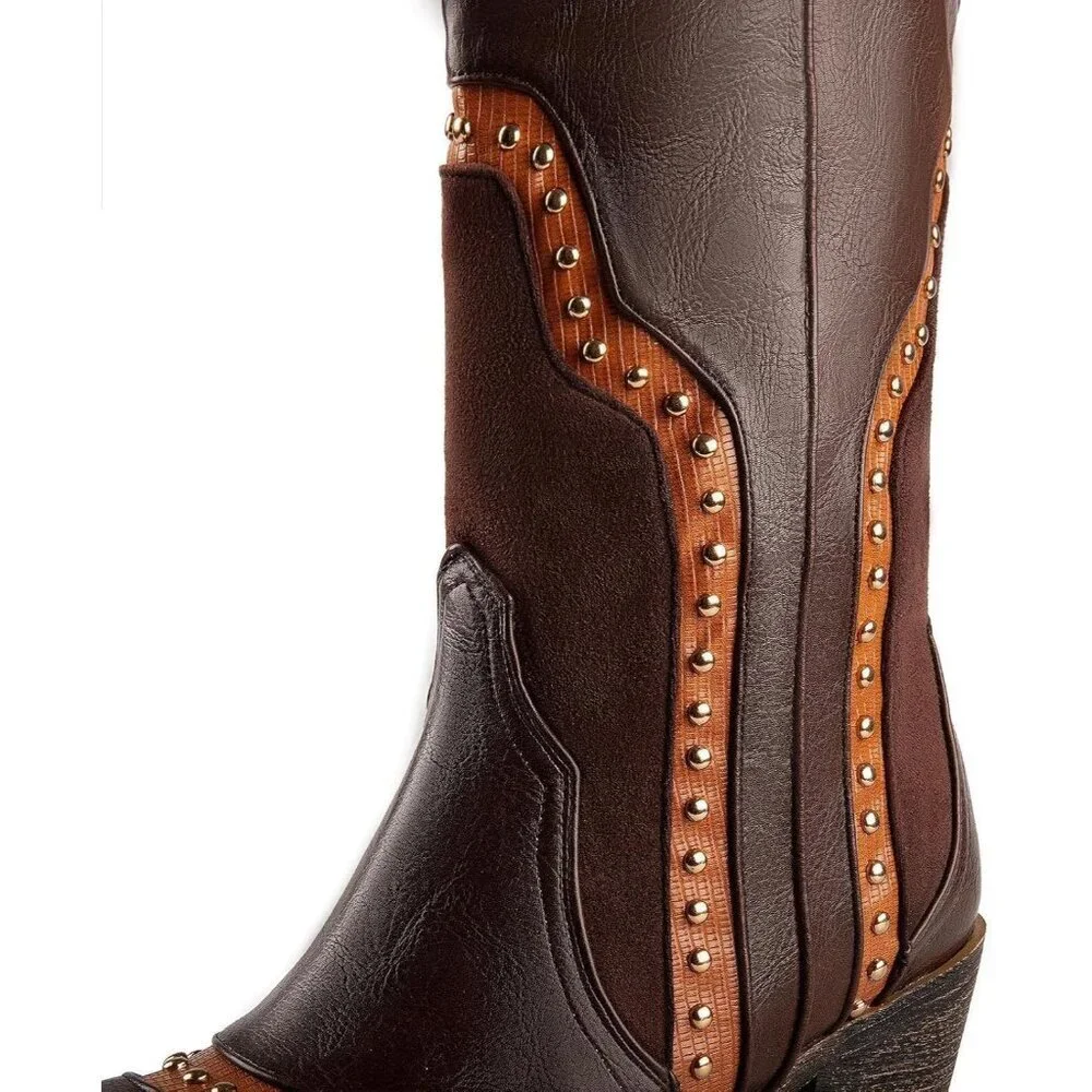 Unisex Brown Cowboot Pointed Toe Pull On Mid Calf Fashion Dress Boots